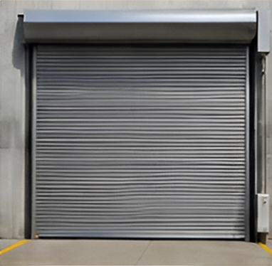 Closed industrial metal roller garage door